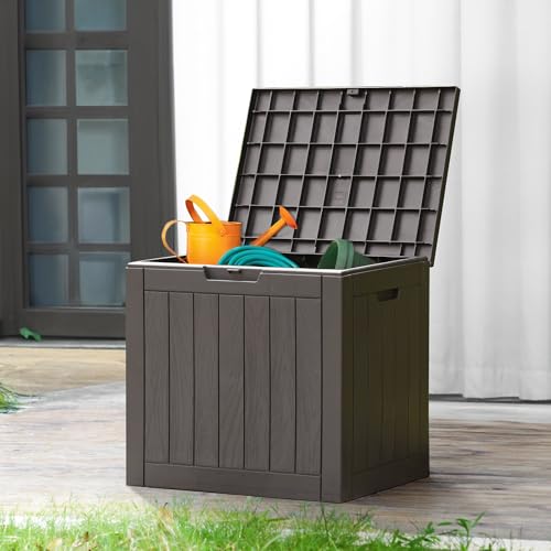 NEWBULIG 31 Gallon Outdoor Storage Box, Waterproof Deck Box with Lockable Lid, Patio Furniture Bench & Side Table, Easy Assembly, for Garden, Pool, Patio & Backyard Organization, Brown