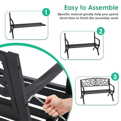 FDW Outdoor 50 Inches Garden Bench, Slatted Seat Armrests Floral Design Backres and Arch Legs, Perfect for Park, Yard, Porch, Lawn, Balcony, Backyard, Black