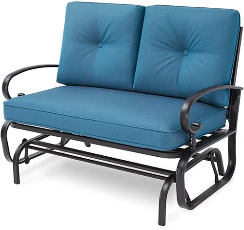 Omelaza Patio Bench, Porch Glider Outdoor Swing Glider Rocking Loveseat, Steel Frame Chair with Thick Cushion (Peacock Blue)