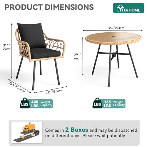 YITAHOME Patio Dining Set with Umbrella Hole for 4, All-Weather Rattan Outdoor Dining Set 5pcs, Patio Dining Furniture Sets with 4 Ergonomic Armchairs, Outdoor Table and Chairs Set for Patio Backyard