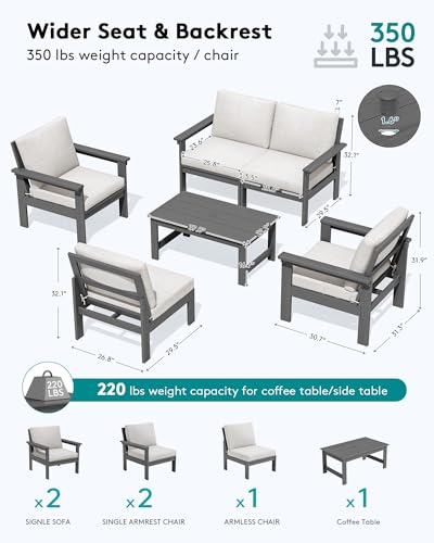SERWALL HDPE Patio Conversation Set, 6-piece Sectional Outdoor Furniture Set, All Weather Outdoor Couch Set Patio Furniture Set for Deck, Lawn, Grey Frame with Khaki Cushion