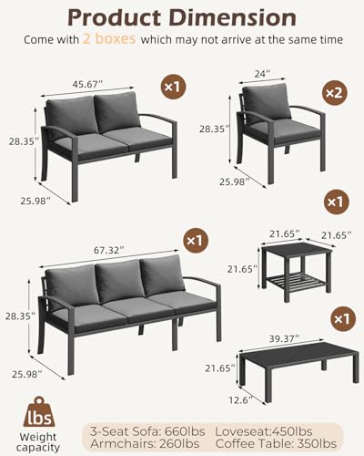 U-MAX Aluminum Patio Furniture Set 7 Seats, Modern Furniture Clearance with Coffee Table & Side Table, Patio Conversation Sets with Deep Cushions for Lawn, Garden, Porch, Balcony, Dark Grey