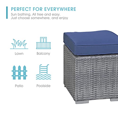 Patiorama 2 Pieces Assembled Outdoor Patio Ottoman, Indoor Outdoor All-Weather Grey Wicker Rattan Outdoor Footstool Footrest Seat w/Navy Blue Cushions,Outdoor Ottoman for Patio,No Assembly Required