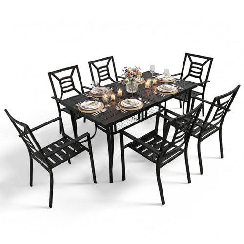 SAILARY 7 Pieces Patio Dining Set for 6, Large 60" Outdoor Metal Table with Universa Umbrella Hole & Stackable Iron Chairs, Patio Furniture Set for Deck, Backyard, Yard, Porch