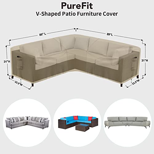 PureFit Outdoor Sectional Sofa Cover Waterproof V Shaped Patio Furniture Covers for Deck, Lawn and Backyard, 89”x89”, Camel