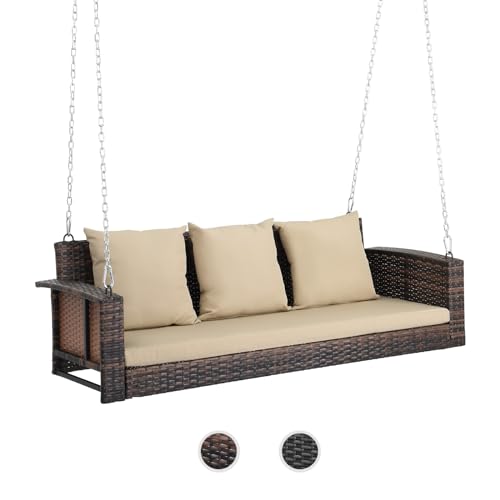 VINGLI Heavy Duty 800 LBS Wicker Hanging Porch Swing with Cushions & Chains, 5FT Outdoor Rattan Swing Bench for Garden, Yard, Lawn (Brown)