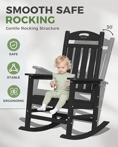 SUUNYN Oversized Outdoor Rocking Chair, High Back Porch Rocker Chair, HDPE All Weather Resistant Rocking Chairs for Patio, 380lbs Weight Capacity, Black