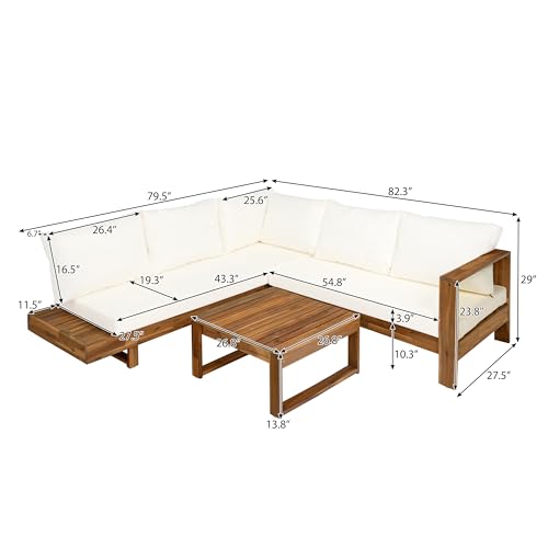 Christopher Knight Home Tenny 5-Seater Acacia Wood Patio Furniture Set, Outdoor Conversation Set with Coffee Table, Patio Sectional Sofa Set for Backyard/Balcony, Teak+Beige