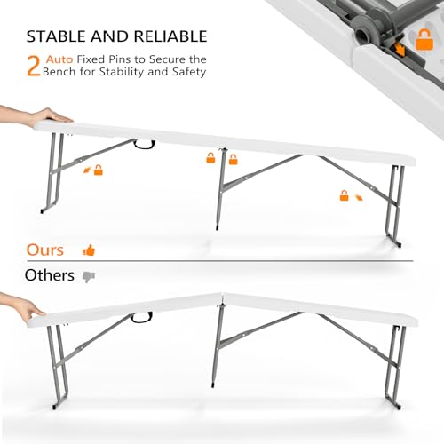 VINGLI 6 feet Plastic Folding Bench,Portable in/Outdoor Picnic Party Camping Dining Seat, Garden Soccer Multipurpose Entertaining Activities, Smooth HDPE Tabletop (2, White, 6ft)