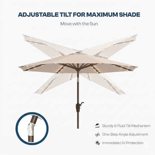 Patio Kingdom 10FT Solar Patio Umbrella with Lights, Outdoor Table Market Umbrella with 32 LED Lights, 8 Sturdy Ribs, Push Button Tilt and Crank for Pool, Deck and Garden, UV-Resistant, Beige