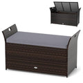 RELAX4LIFE Wicker Outdoor Storage Bench - 68 Gallon Rattan Deck Box w/Side Handles & Soft Cushion for Pillows, Garden Tools, Pool Accessories, Sports Equipment, Patio Bench with Storage for Porch