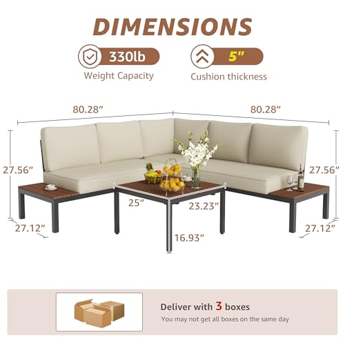 NATURAL EXPRESSIONS Outdoor Furniture Set, L Shape Patio Sectional, Metal Corner Couch Sofa Set with Side Tables, Detachable Backrest, Fauxwood Coffee Table, Beige Olefin Cushions for Garden Deck