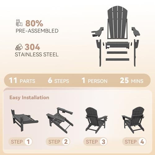 Mdeam Oversized 3-Level Adjustable Adirondack Chairs Set of 2, 400LBS Capacity HDPE Heavy Duty Tanning Chair with Cup Holder, All-Weather Folding Fire Pit Outdoor Chair for Patio Garden Lawn - Grey