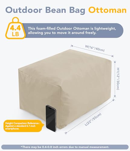 TopNaps Outdoor Patio Bean Bag Ottoman - Small Beanbag Foot Rest Pouf Rectangular with Shredded Foam Filling, Splash-Proof Detachable Zipper Cover for Relaxing, Beige