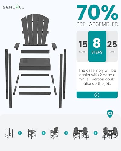 SERWALL Tall Adirondack Chairs Set of 2 with Double Layer Connecting Tray, HDPE Bar Height Outdoor Chairs, Wood-Like Adirondack Bar Stools for Patio, Balcony, Porch, Grey