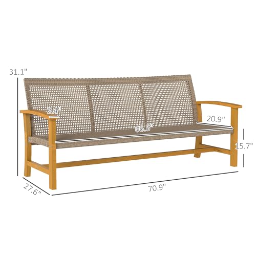 Outsunny Wicker Outdoor Couch, 3-Seat Rattan Outdoor Patio Sofa, 1000 lbs. Capacity, Acacia Wood Patio Furniture Couch with Steel Seat and Armrests for Backyard, Porch, Teak