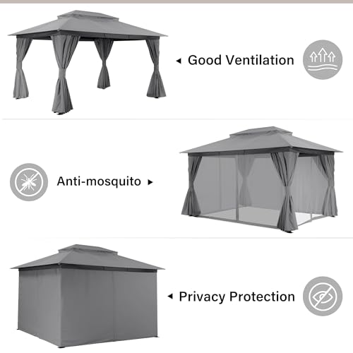 LAUSAINT HOME 10'x13' Outdoor Gazebo, Metal Frame Heavy Duty Patio Canopy Tent Shelter with Double Roofs, Mosquito Nettings and Privacy Screens for Backyard, Garden, Lawn, Gray