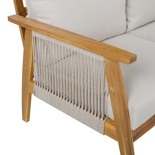 Christopher Knight Home Outdoor 3 Seater Patio Sofa with Acacia Wood Frame and Rope Weave Design, Cushioned Garden Couch with Removable Covers for Patio Deck Balcony, Teak and Beige