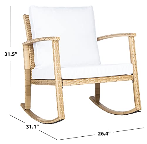 SAFAVIEH Outdoor - Daire Rocking Chair - Natural & White - Steel Frame Faux & Rattan with Cushion - Open-Frame Design - Ideal for Patio, Deck, Porch, Backyard, 14.4" Seat Height (PAT7721D)