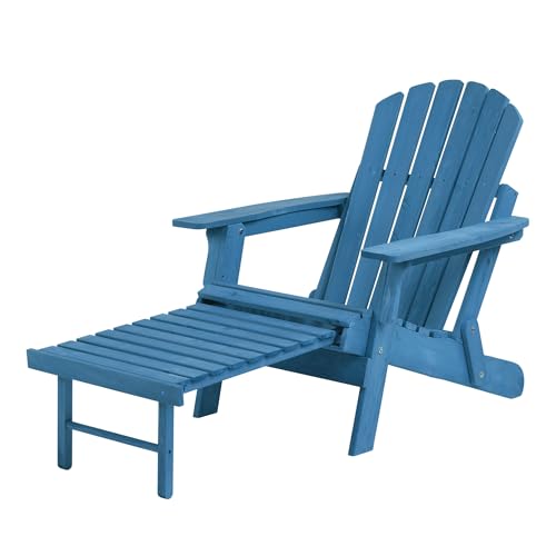 LDB_BUILDING Oversized Folding Adirondack Chair with Retractable Ottoman - Solid Wood Outdoor Lounge Chair for Patio Garden Backyard Porch, Weather-Resistant & Pre-Assembled, Blue