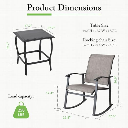 Shintenchi 3 Piece Rocking Bistro Set, Outdoor Furniture with Rocker Chairs and Glass Coffee Table Balcony, Porch Furniture for Small Space, Gray
