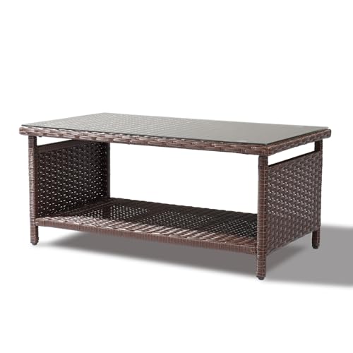 VINGLI Outdoor Wicker CoffeeTable Patio Coffee Tables for Outside, Tempered Glass Top Wicker Table with Storage Coffee Table for Patio Balcony Porch Deck (Brown)
