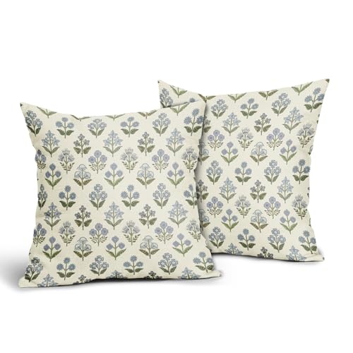 Sivirary Blue Green Block Print Pillow Covers 18x18 Inch Set of 2, Vintage Floral Spring Decorative Throw Pillow Cases Boho Cushion Covers Rustic Decoration Gift Farmhouse Sofa Couch Bed Decor