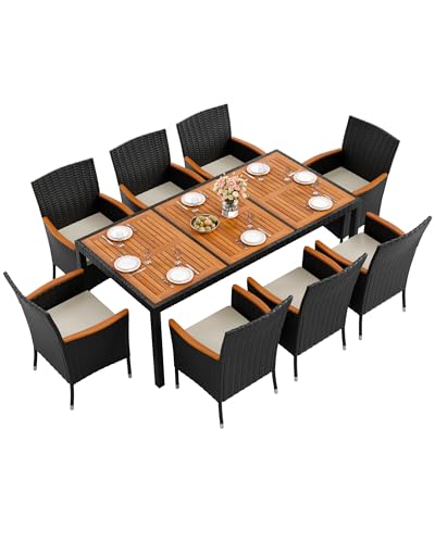Flamaker 9 Piece Patio Dining Set Outdoor Acacia Wood Table and Chairs with Soft Cushions Wicker Patio Furniture for Deck, Backyard, Garden