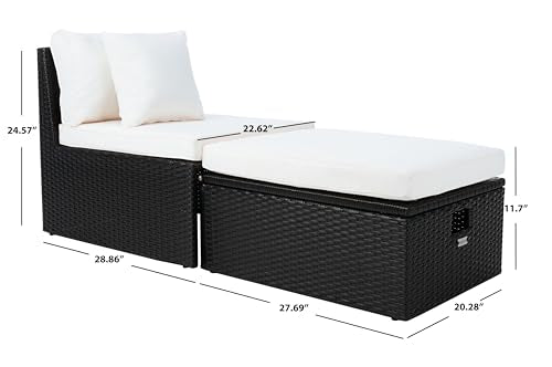 SAFAVIEH Outdoor - Pramla Settee and Ottoman Set - Black & Beige - Steel Frame with Cushion - Coastal Storage Design - Ideal for Patio, Deck, Porch, Backyard (PAT7515A)