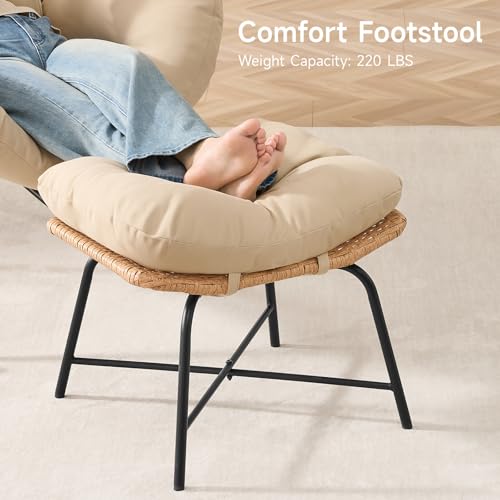 ONBRILL Papasan Rocking Chair with Ottoman,Oversized Papasan Chair with Padded Cushion, Indoor & Outdoor Rocker Chair for Living Room, Patio, Garden, Beige