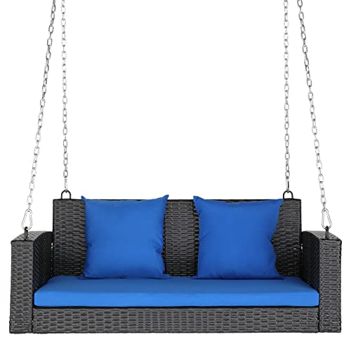 GODECOR 4FT Wicker Porch Swing for 2 Person, 800lb Capacity Outdoor Hanging Bench with Removable Cushions, Handwoven Weather-Resistant PE Rattan for Patio, Garden & Backyard