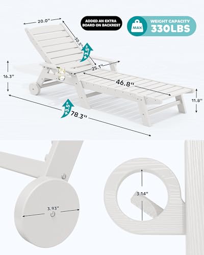 SERWALL Patio Chaise Lounge Chair Set of 2, 78'' Long 5-Positions Adjustable HDPE Outdoor Lounger for Pool, Poly Lounge Chair with Rolling Wheels & Cup Holder for Poolside, Deck, White