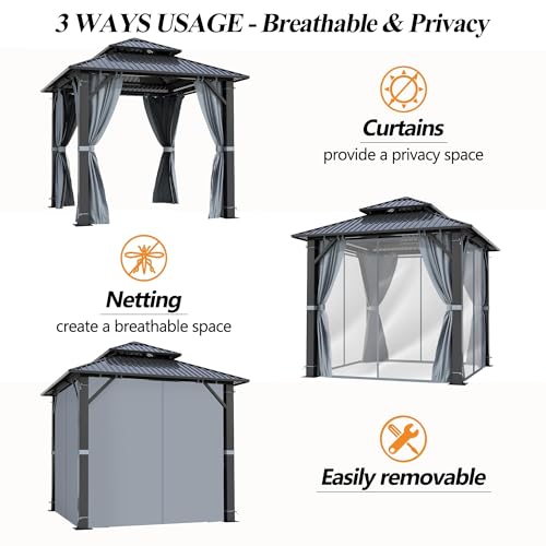 GARTOO 8.5x8.5FT Outdoor Hardtop Gazebo with Double Roof - Aluminum Heavy-Duty Steel Top Gazebo with Breathable Netting & Privacy Curtain for Patio, Porch, Garden, Lawn, Deck, Backyard