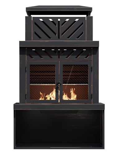 Outdoor Fireplace with Chimney and Wood Storage, Metal Wood Burning Fire Pit with Heat Resistant Gloves, Fire Poker and Grill Mesh, Outside Fireplace for Patio, Garden and Deck, Black