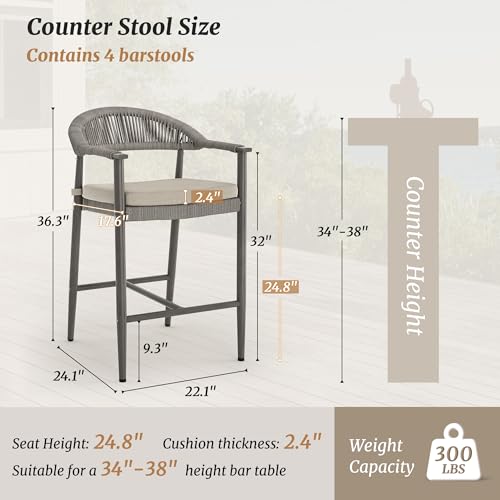 Cozyman Bar Stools Set of 4, 24.8'' Aluminum Outdoor Bar Stool with Removable Cushion, Boho Rattan BarStools, Olefin Rope Woven Bar Chairs with Footrest for Patio, Garden, Pool, Kitchen, Gray