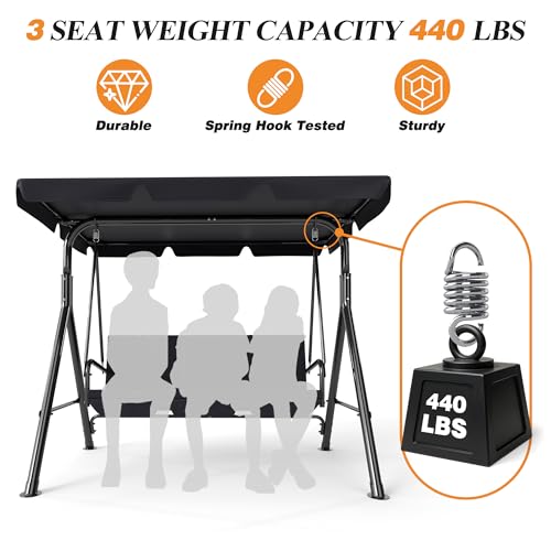 3-Seat Patio Swing Chair,Outdoor Porch Swing with Adjustable Canopy and Durable Steel Frame for Patio, Garden, Poolside (Black)