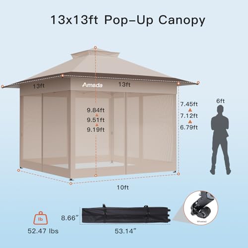 Amada 13x13 Pop Up Outdoor Gazebos on Clearance for Backyard & Patio Furniture with Wheeled STO-N-Go Cover Bag, Carpa Pop Up Tent with Shelter Mosquito for Patio, Lawn, Garden(13×13ft, Khaki)