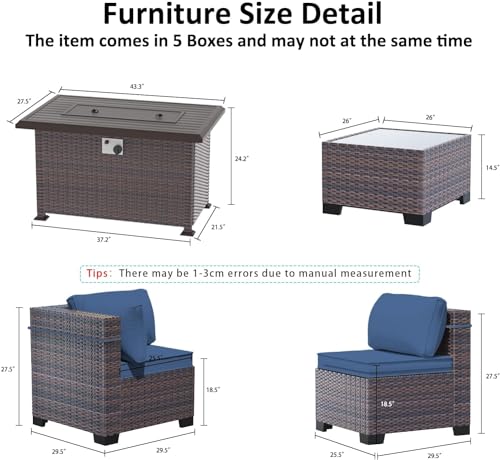 ASJMR 11 Pieces Patio Furniture Set with 2 Swivel Chairs Patio Furniture Outdoor Sectional Sofas with 55000 Gas Fire Pit Patio Conversation Set w/7 Cushions