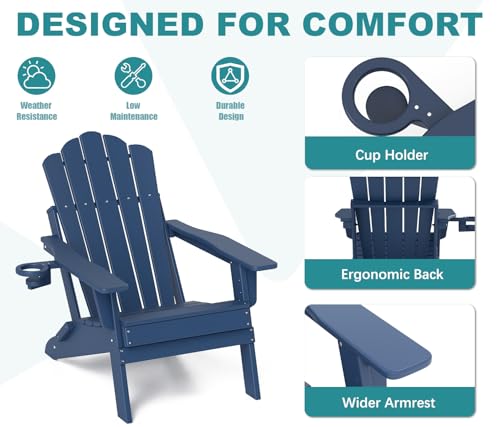 FOOWIN HDPE Adjustable Adirondack Chair Set of 2, 400lbs Heavy Duty Folding Patio Chairs with Cup Holder, 3-Position Reclining Fire Pit Seating, All-Weather Poly Lumber for Backyard, Deck - Navy Blue