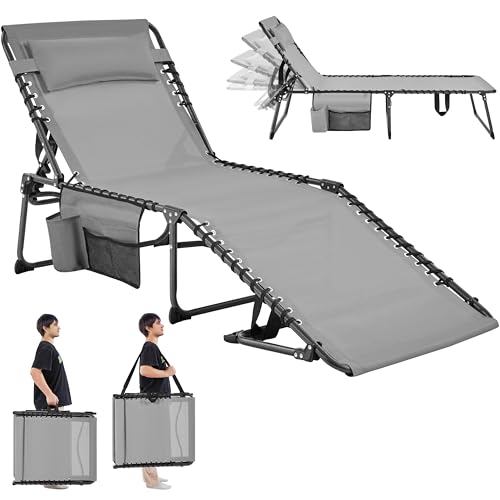 Yaheetech 26.4" Outdoor Folding Tanning Chair, Chaise Lounge Chairs with 5 Back Position Adjustable, Extended Portable Lounger for Beach, Patio, Gray