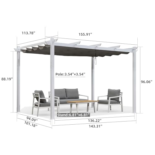 PURPLE LEAF 10' x 13' Outdoor Retractable Pergola Heavy-Duty Aluminum White Pergola with Sun Shade Canopy Patio Modern Shelter for Garden Yard Deck Grape Trellis, Grey