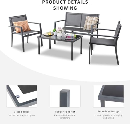 Shintenchi 4 Pieces Patio Furniture Set All Weather Textile Fabric Outdoor Conversation Set, with Glass Coffee Table, Loveseat, 2 Single Chairs for Home, Garden, Lawn, Porch（Gray）