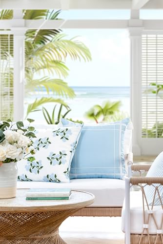 Hofdeco Premium Coastal Patio Indoor Outdoor Throw Pillow Cover Only, 20"x20" Water Repellent for Backyard, Couch, Baby Blue Print Hydrangea Flower