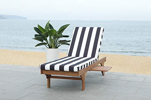 SAFAVIEH Outdoor Collection Newport Natural/ Black & White Stripe Cushion Built-in Side Table Adjustable Chaise Lounge Chair