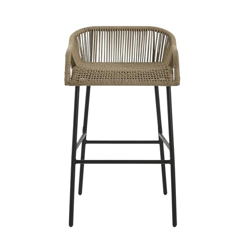 Christopher Knight Home Outdoor Patio Rope Weave Iron Barstools, Powder Coated Iron Frame Barstools, Black Brown, Set of 2