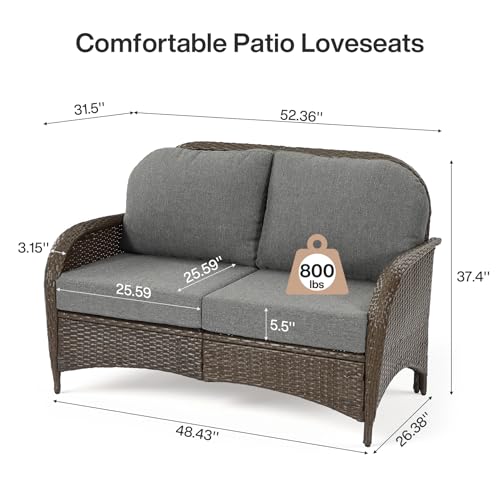 Tribesigns Outdoor Wicker Loveseat with 5.5'' Thick Cushions, 2-Seater Patio Sofa with 26.8'' Deep Seat, All-Weather Patio Wicker Loveseat for Porch, Deck, Backyard, Poolside, Gray/Brown