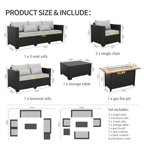 Rattaner 6 Pcs Outdoor Furniture Sets Patio Furniture Set with 45" Fire Pit Patio Couch Outdoor Chairs 60000 BTU Steel Propane Fire Pit Table No-Slip Cushions and Waterproof Covers, Light Grey