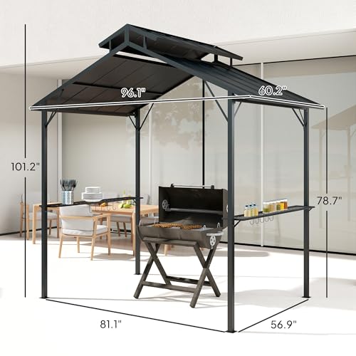 Outsunny 8' x 5' Hardtop Grill Gazebo, Outdoor BBQ Gazebo with Double Metal Roof, 2 Side Shelves and 10 Hooks, Grill Canopy for Patio Backyard Lawn Deck