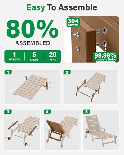 YEFU Lounge Chair Outdoor Set of 2: Outdoor Chaise Lounge with 5-Level Adjustable Backrest, Cup Holders & Wheels, All-Weather Resistance Chaise Lounge for Outside/Patio/Beach/Deck, Teak