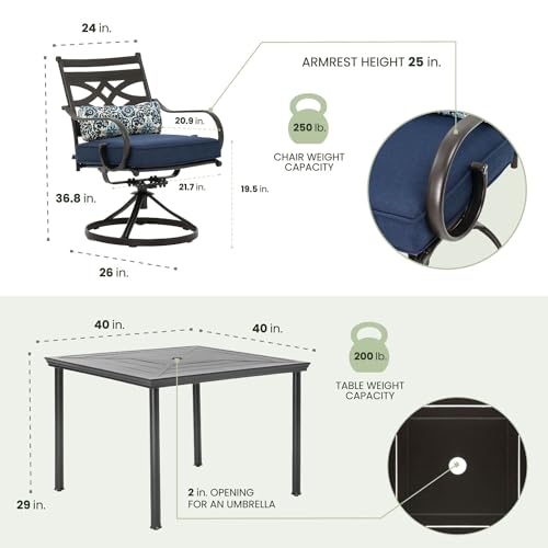 Hanover Montclair 5-Piece Outdoor Dining Set with Stamped Steel Square Dining Table and 4 Swivel Rocker Chairs with Cushions, Weather-Resistant Patio Dining Set for 4, Patio, Backyard, Deck